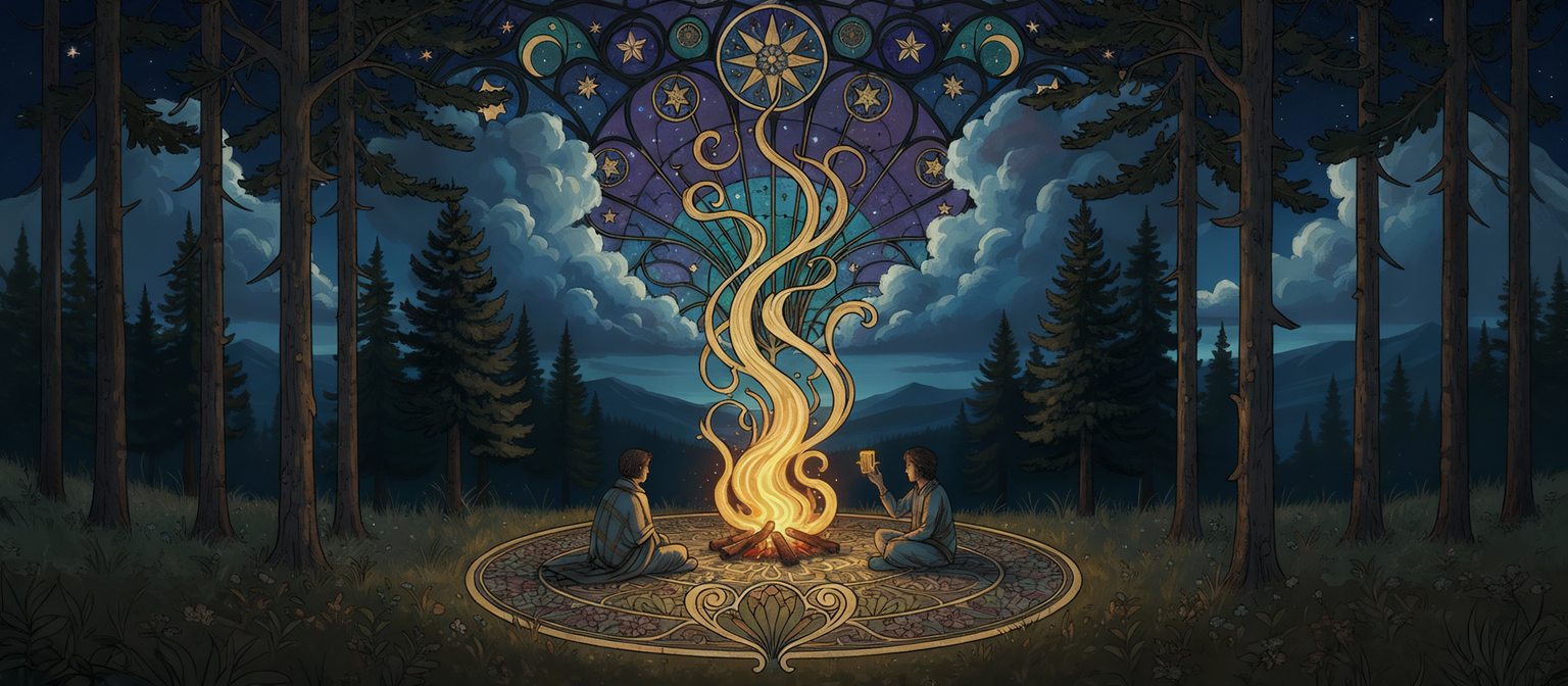 Cozy bonfire under starry night sky with forest backdrop